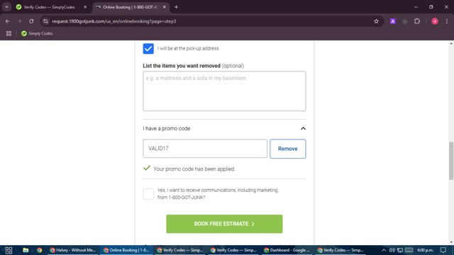 1-800-GOT-JUNK? checkout page showing 1-800-GOT-JUNK? promo code box | Screenshot taken by SimplyCodes community member on Dec 20, 2024