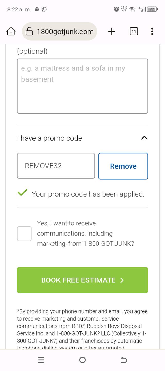 1-800-GOT-JUNK? checkout page showing 1-800-GOT-JUNK? promo code box | Screenshot taken by SimplyCodes community member on Nov 13, 2024
