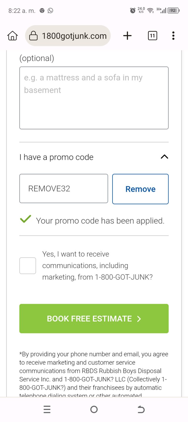 1-800-GOT-JUNK? checkout page showing 1-800-GOT-JUNK? promo code box | Screenshot taken by SimplyCodes community member on Nov 13, 2024