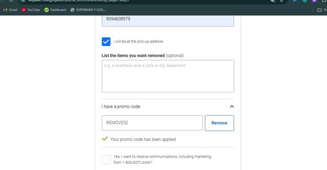 1-800-GOT-JUNK? checkout page showing 1-800-GOT-JUNK? promo code box | Screenshot taken by SimplyCodes community member on Dec 12, 2024