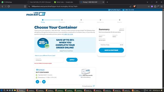 1-800-Pack-Rat checkout page showing 1-800-Pack-Rat promo code box | Screenshot taken by SimplyCodes community member on Jun 20, 2025