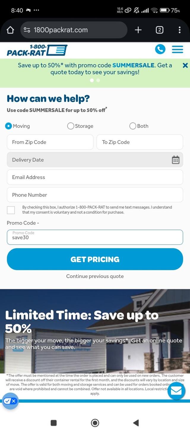 1-800-Pack-Rat checkout page showing 1-800-Pack-Rat promo code box | Screenshot taken by SimplyCodes community member on Jul 31, 2025