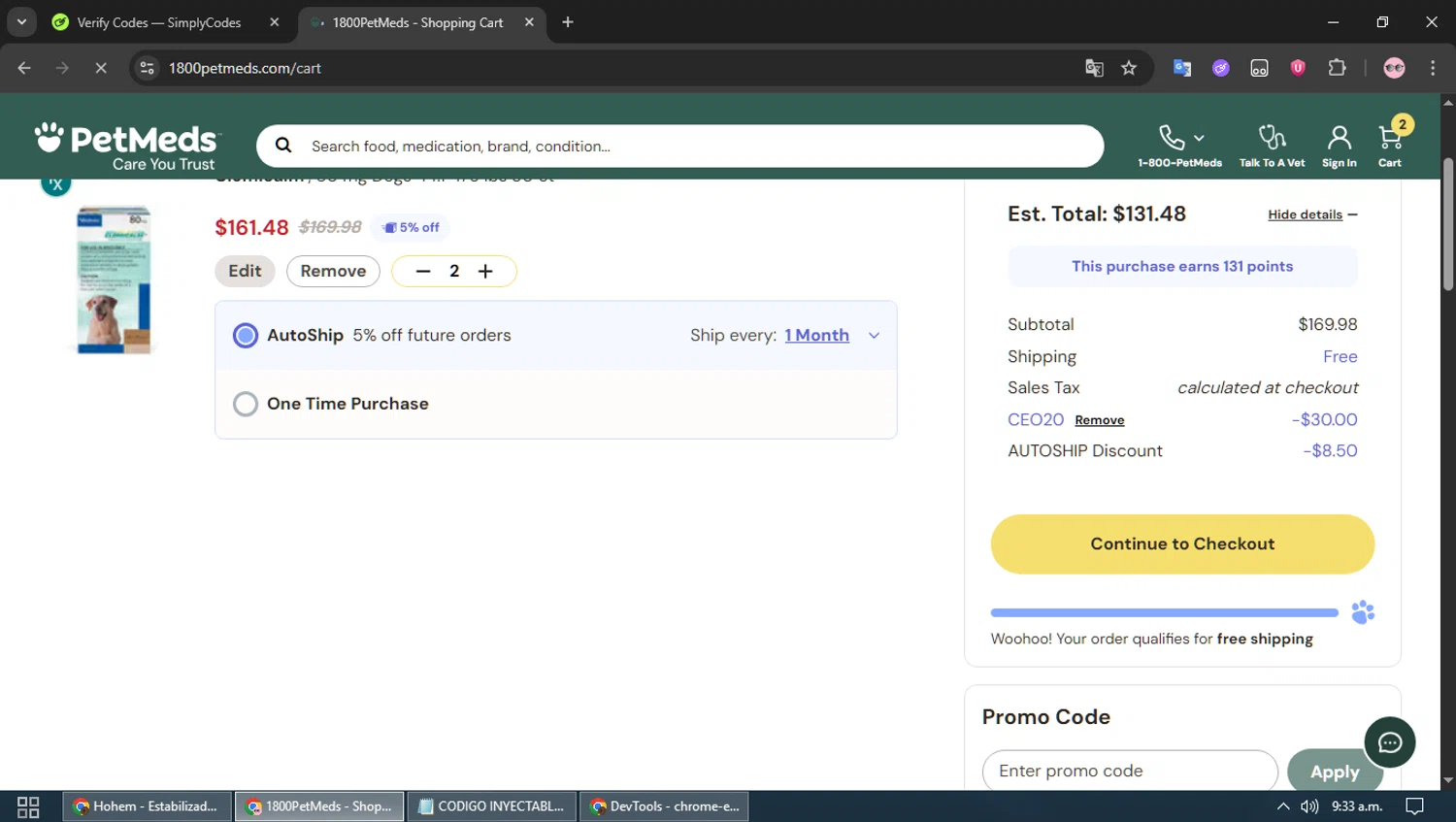 PetMeds promo code screenshot showing code CEO20 applied at PetMeds checkout page. Uploaded by SimplyCodes community member TEAMSimplyCodes on Aug 16, 2025