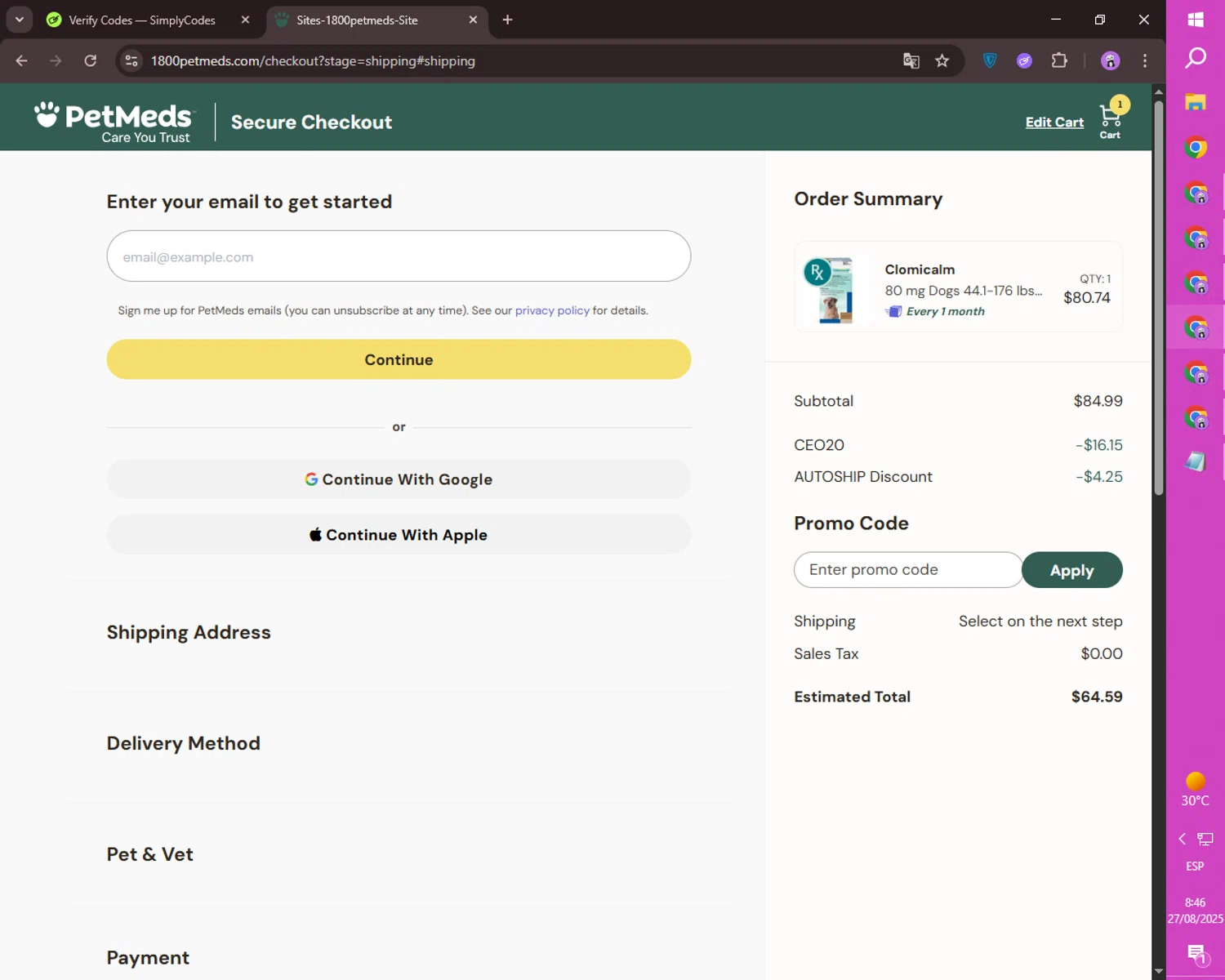PetMeds promo code screenshot showing code CEO20 applied at PetMeds checkout page. Uploaded by SimplyCodes community member ositouno on Aug 27, 2025