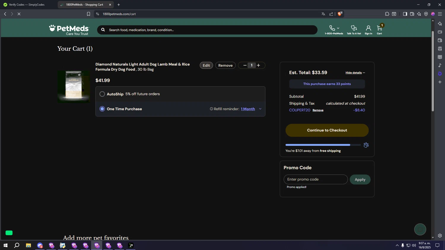 PetMeds promo code screenshot showing code COUPERT20 applied at PetMeds checkout page. Uploaded by SimplyCodes community member Turbofast on Aug 16, 2025