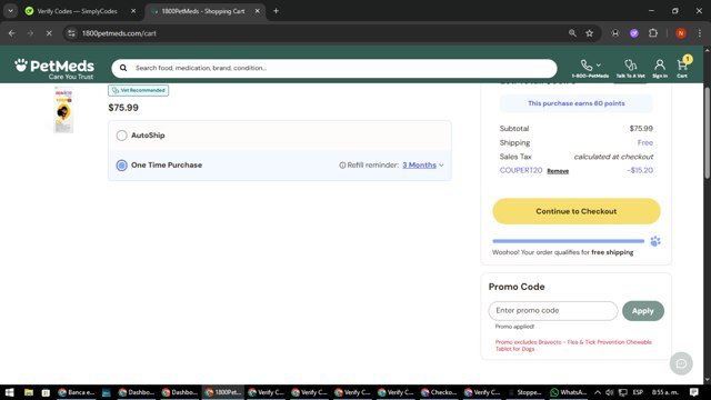 PetMeds checkout page showing PetMeds promo code box | Screenshot taken by SimplyCodes community member on Aug 27, 2025
