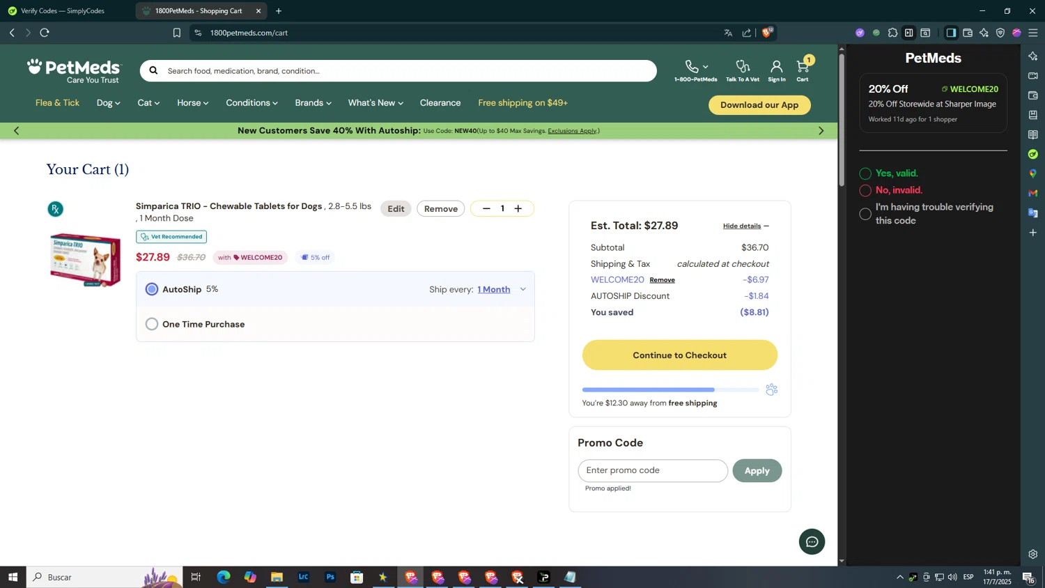 PetMeds promo code screenshot showing code welcome20 applied at PetMeds checkout page. Uploaded by SimplyCodes community member SmartGuardian6731 on Jul 17, 2025