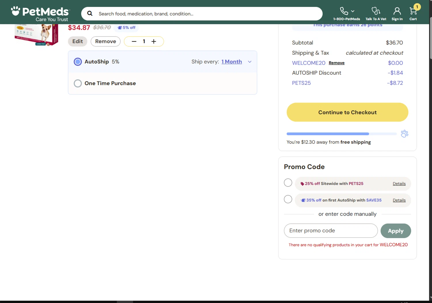 PetMeds promo code screenshot showing code welcome20 applied at PetMeds checkout page. Uploaded by SimplyCodes community member VoucherFinder3467 on Aug 28, 2025