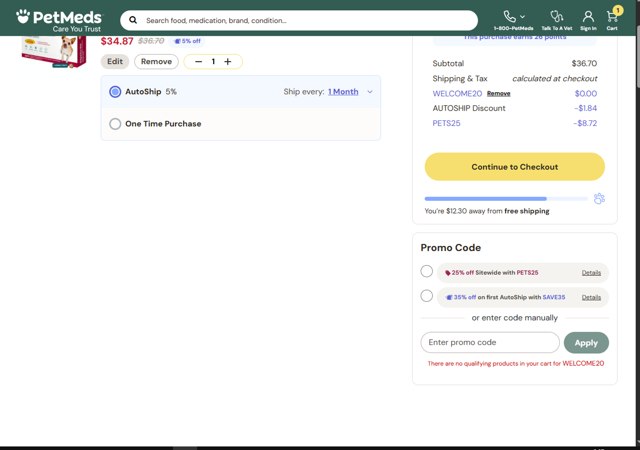 PetMeds checkout page showing PetMeds promo code box | Screenshot taken by SimplyCodes community member on Aug 28, 2025