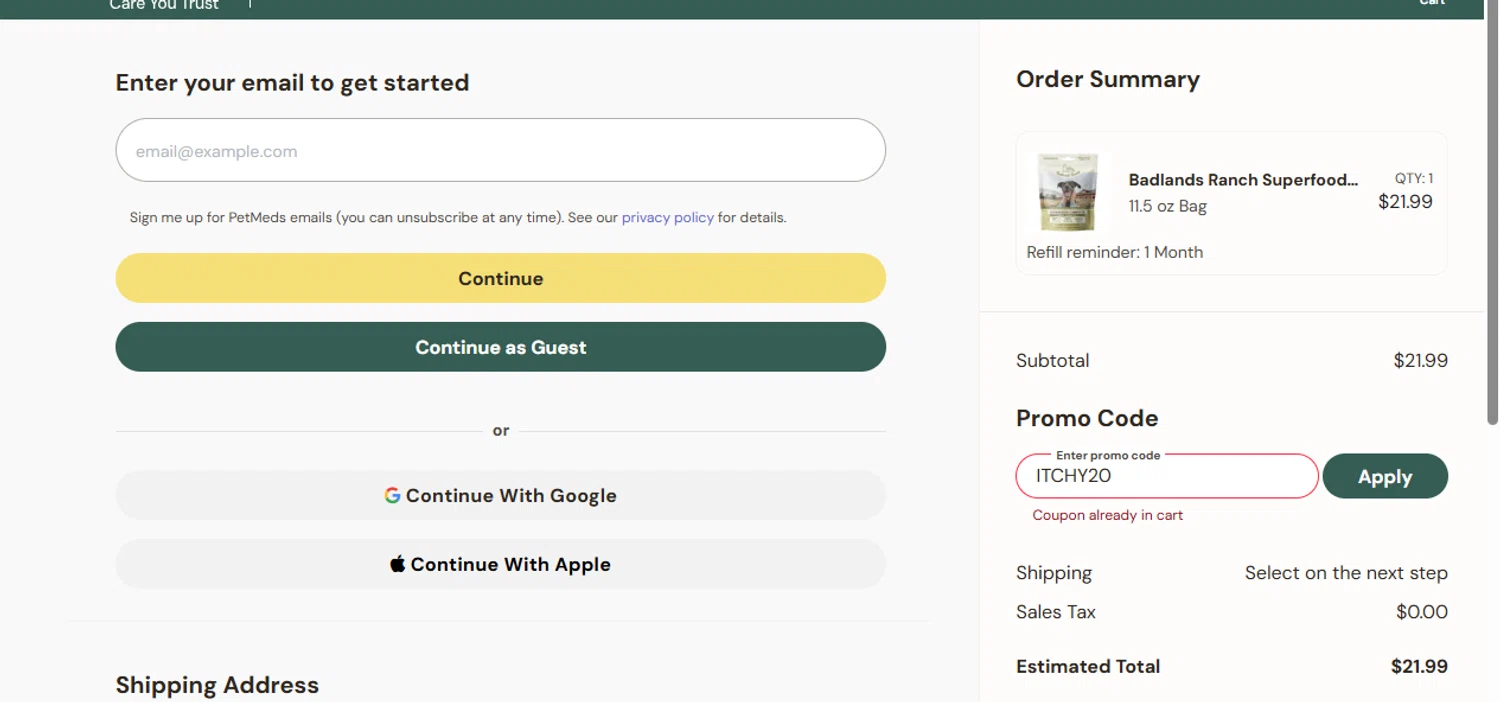 PetMeds promo code screenshot showing code ITCHY20 applied at PetMeds checkout page. Uploaded by SimplyCodes community member Fish3r on Aug 27, 2025