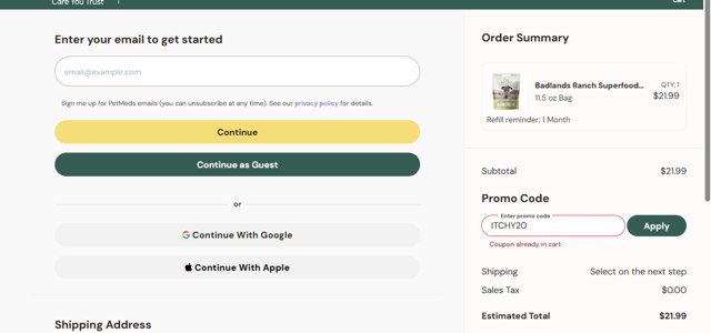 PetMeds checkout page showing PetMeds promo code box | Screenshot taken by SimplyCodes community member on Aug 27, 2025