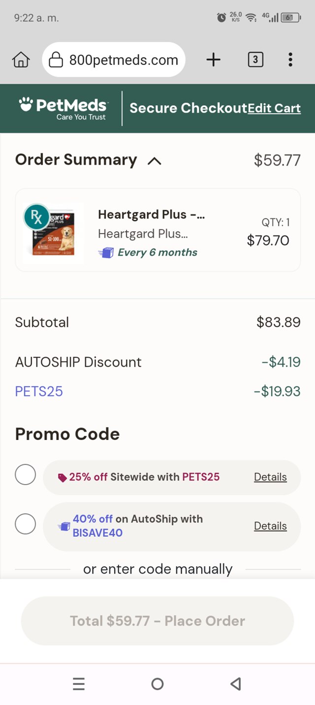 PetMeds checkout page showing PetMeds promo code box | Screenshot taken by SimplyCodes community member on Aug 28, 2025