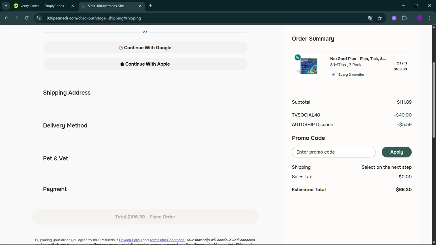 PetMeds promo code screenshot showing code TVSOCIAL40 applied at PetMeds checkout page. Uploaded by SimplyCodes community member GoldSeeker3096 on Jan 12, 2026