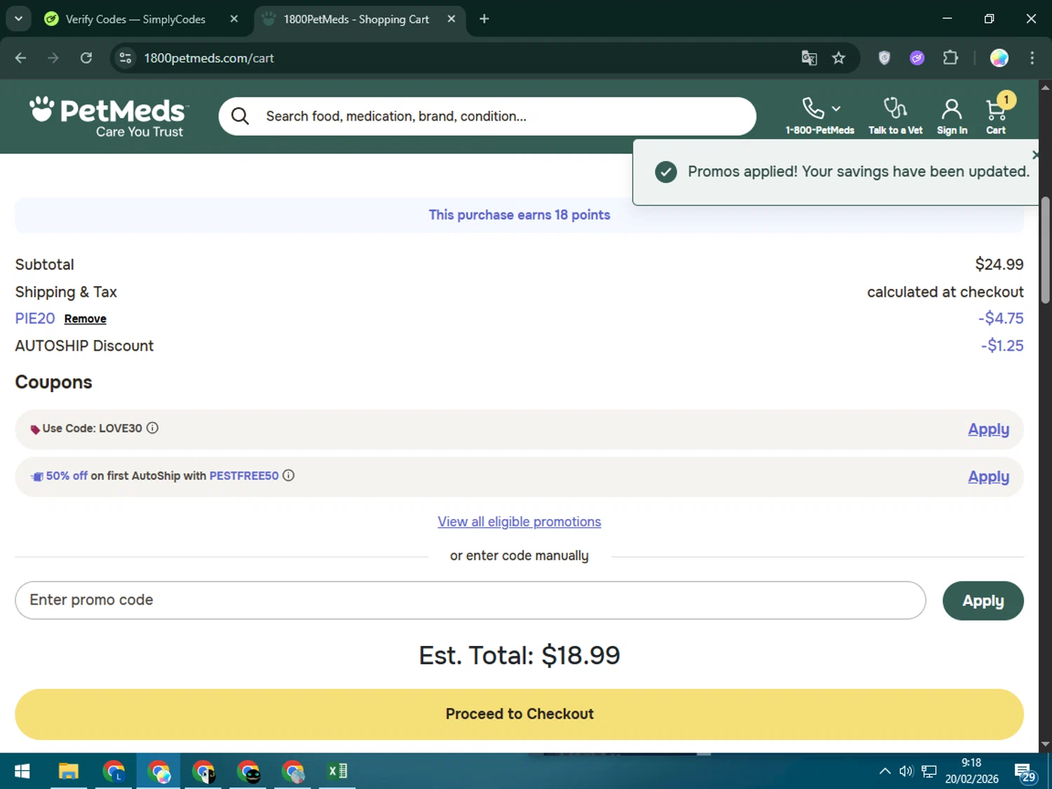 PetMeds promo code screenshot showing code PIE20 applied at PetMeds checkout page. Uploaded by SimplyCodes community member Estrellitacoairis on Feb 20, 2026
