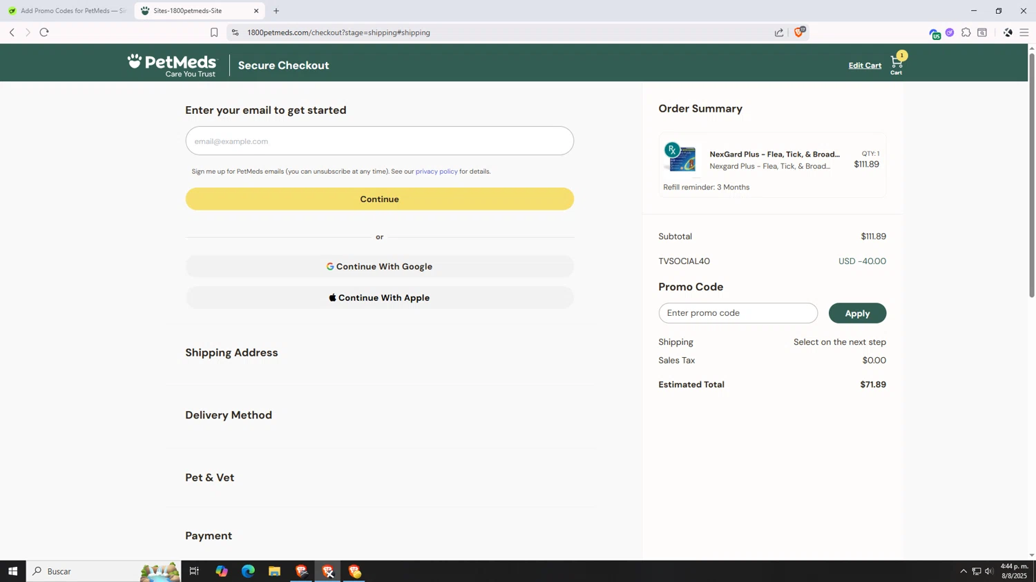 PetMeds promo code screenshot showing code TVSOCIAL40 applied at PetMeds checkout page. Uploaded by SimplyCodes community member VictoriousDefender7352 on Aug 8, 2025