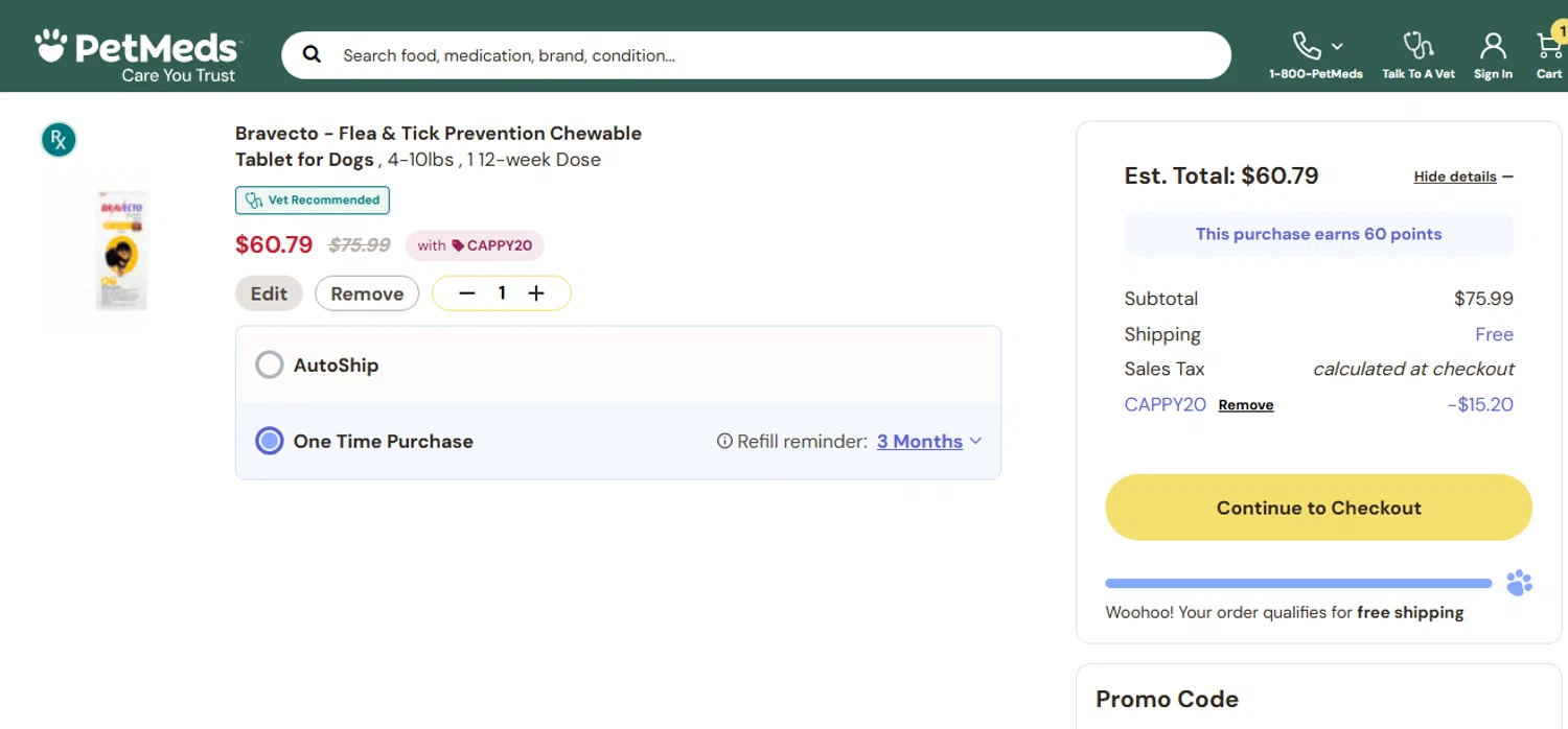 PetMeds promo code screenshot showing code CAPPY20 applied at PetMeds checkout page. Uploaded by SimplyCodes community member shark12 on Aug 15, 2025