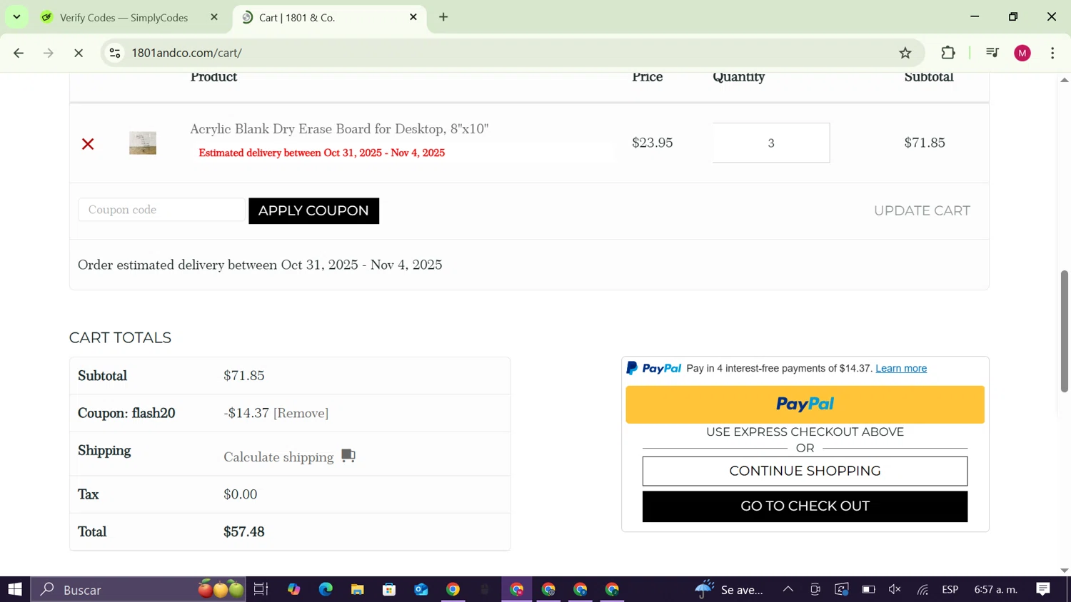 1801&Co. promo code screenshot showing code FLASH20 applied at 1801&Co. checkout page. Uploaded by SimplyCodes community member CouponAce9216 on Oct 19, 2025