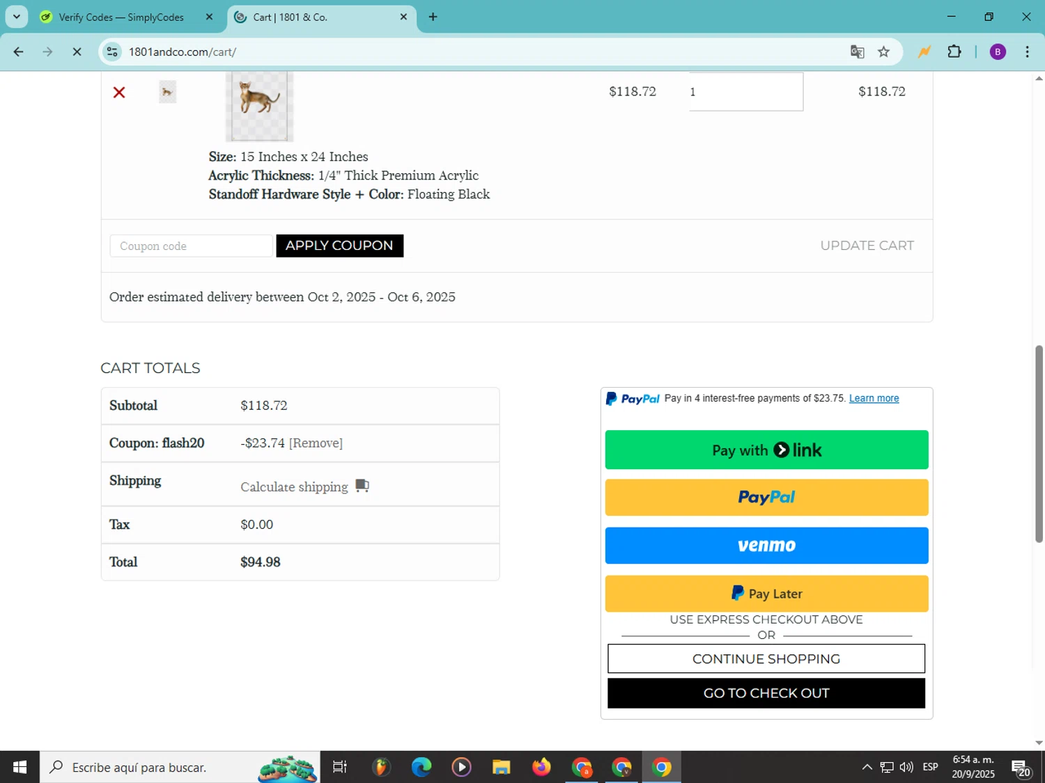 1801&Co. promo code screenshot showing code FLASH20 applied at 1801&Co. checkout page. Uploaded by SimplyCodes community member Soyvictor on Sep 20, 2025