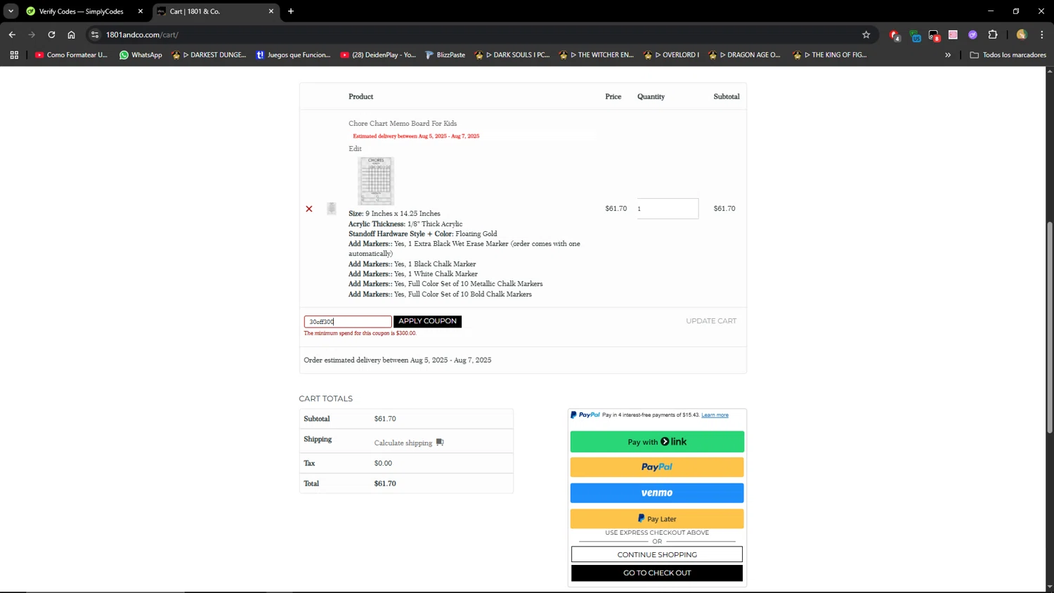 1801&Co. checkout page showing 1801&Co. promo code box | Screenshot taken by SimplyCodes community member on Jul 24, 2025