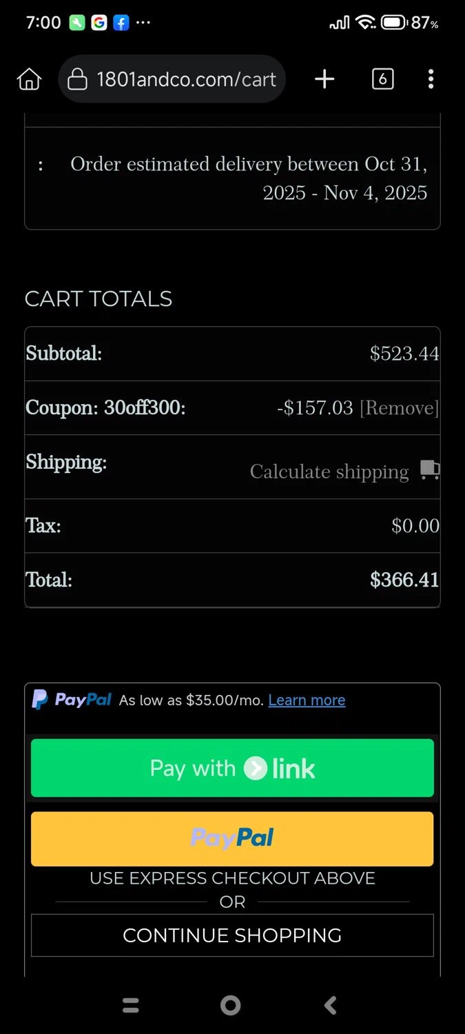 1801&Co. promo code screenshot showing code 30off300 applied at 1801&Co. checkout page. Uploaded by SimplyCodes community member cuenta03 on Oct 19, 2025