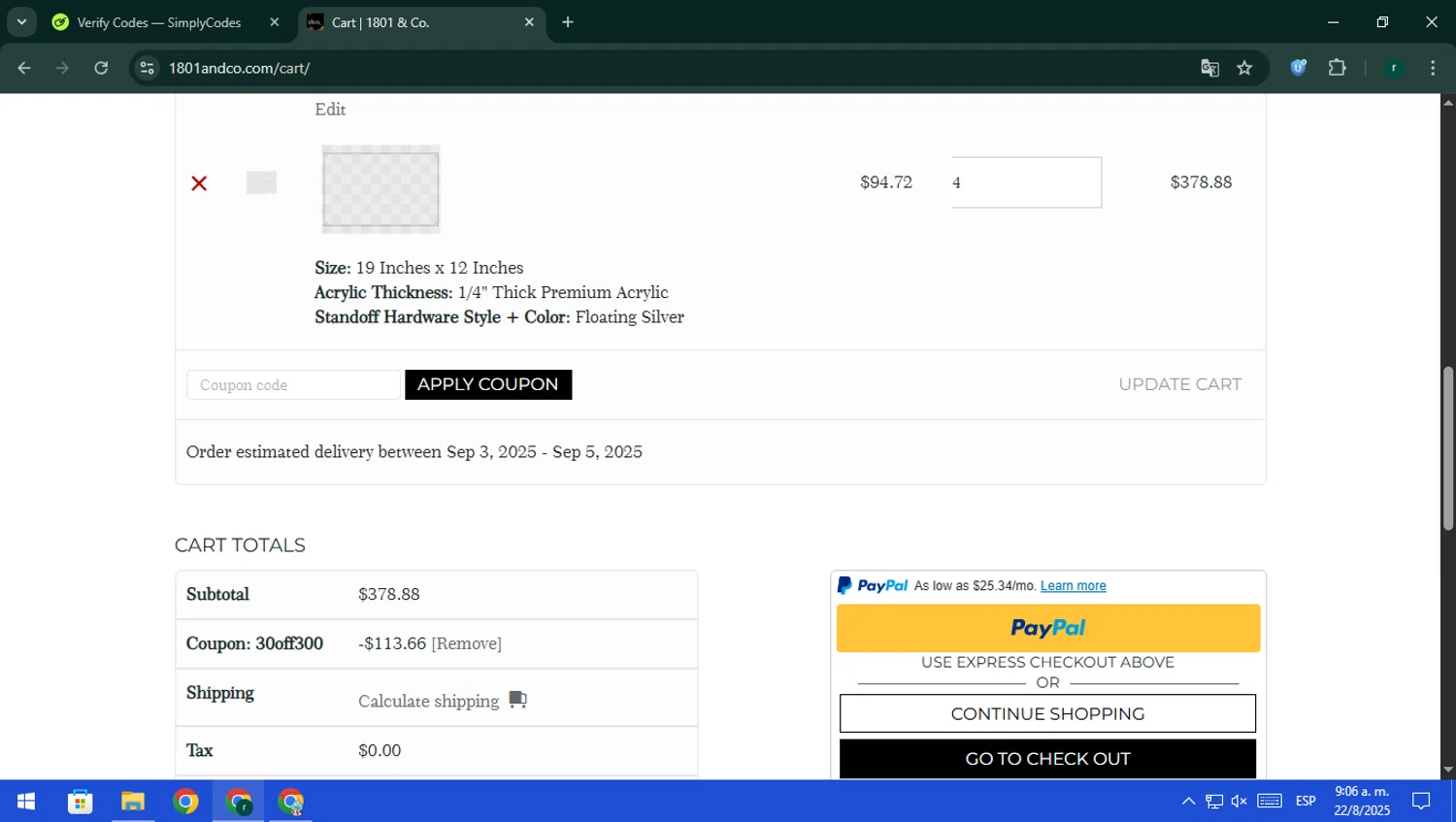 1801&Co. promo code screenshot showing code 30off300 applied at 1801&Co. checkout page. Uploaded by SimplyCodes community member rodri1 on Aug 22, 2025