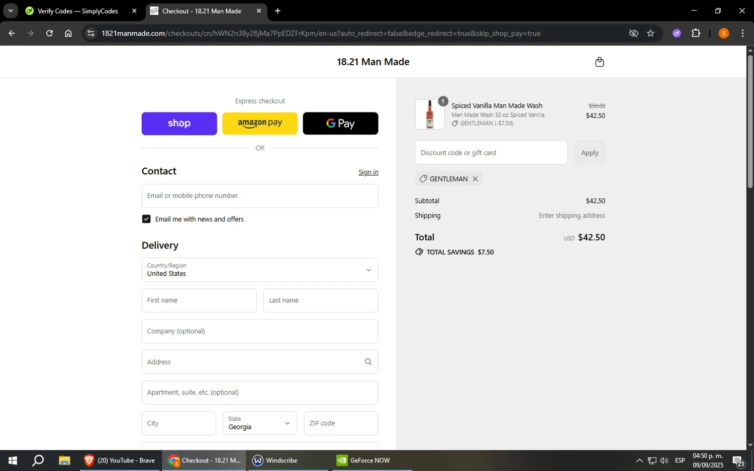 18.21 Man Made promo code screenshot showing code GENTLEMAN applied at 18.21 Man Made checkout page. Uploaded by SimplyCodes community member StevenZarraga on Sep 9, 2025