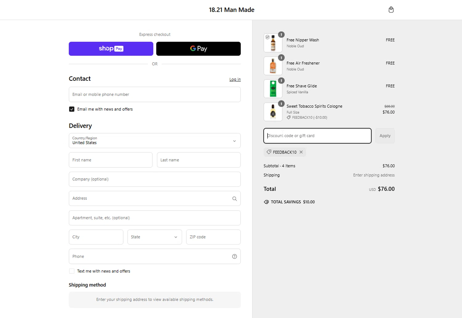18.21 Man Made promo code screenshot showing code FEEDBACK10 applied at 18.21 Man Made checkout page. Uploaded by SimplyCodes community member ElIntrepidoVolador on Mar 10, 2025