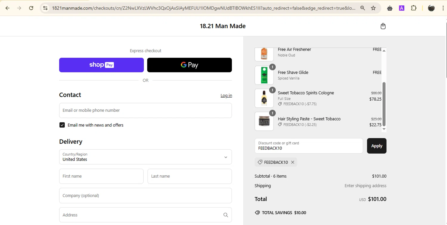18.21 Man Made promo code screenshot showing code FEEDBACK10 applied at 18.21 Man Made checkout page. Uploaded by SimplyCodes community member onebullet on Mar 11, 2025