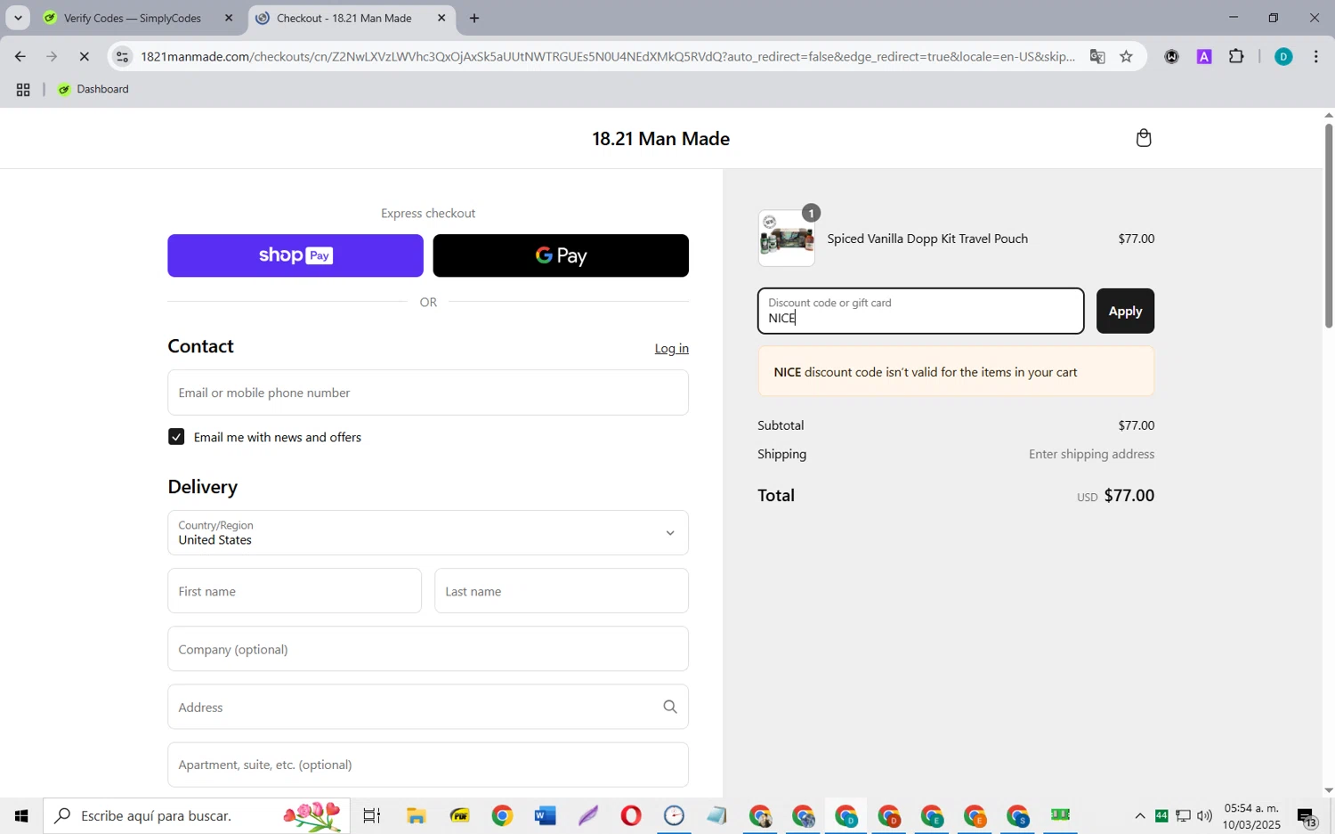 18.21 Man Made promo code screenshot showing code NICE applied at 18.21 Man Made checkout page. Uploaded by SimplyCodes community member MagnificentCollector5368 on Mar 10, 2025