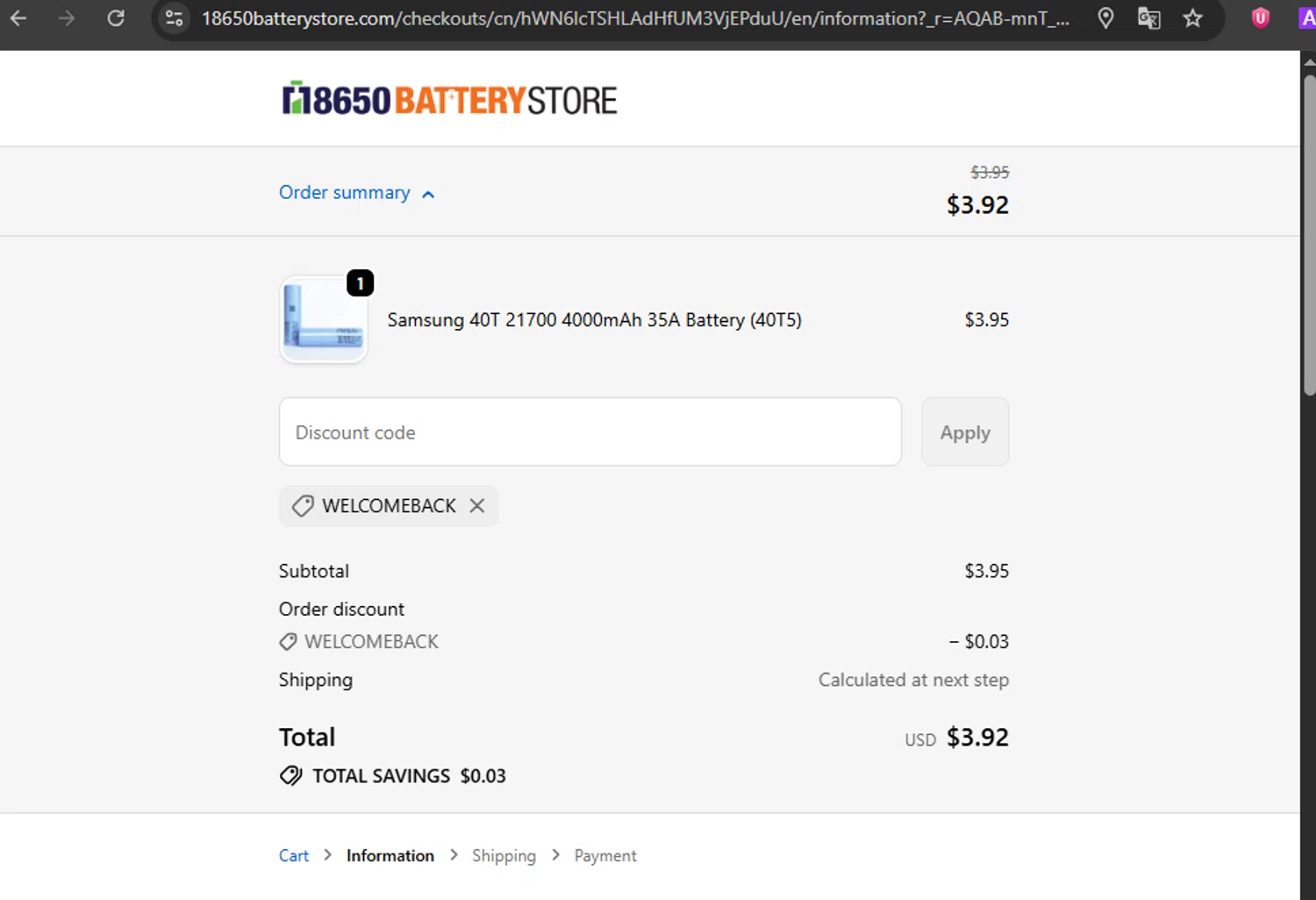 18650 Battery Store discount code screenshot showing code WELCOMEBACK applied at 18650 Battery Store checkout page. Uploaded by SimplyCodes community member ExtraordinarySleuth3936 on Dec 23, 2025