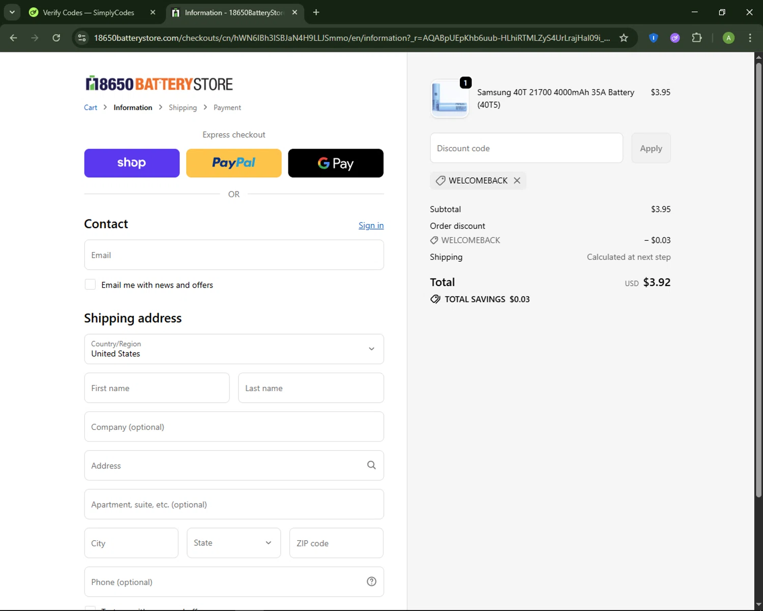 18650 Battery Store discount code screenshot showing code WELCOMEBACK applied at 18650 Battery Store checkout page. Uploaded by SimplyCodes community member MagnificentSaver708 on Dec 11, 2025