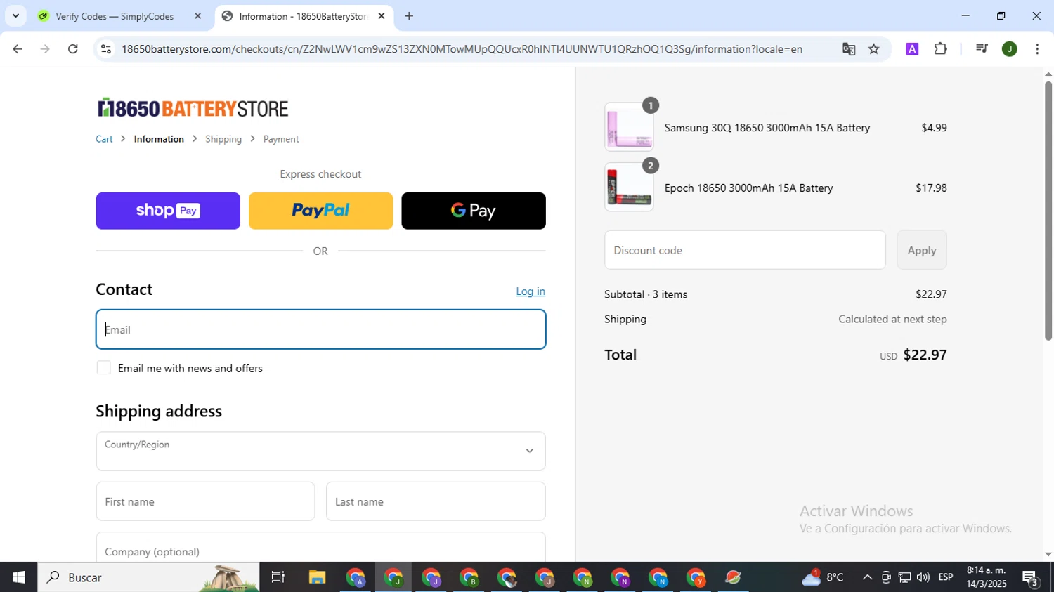 18650 Battery Store discount code screenshot showing code SPRING2024PROMOTION applied at 18650 Battery Store checkout page. Uploaded by SimplyCodes community member CleverSeeker3529 on Mar 14, 2025