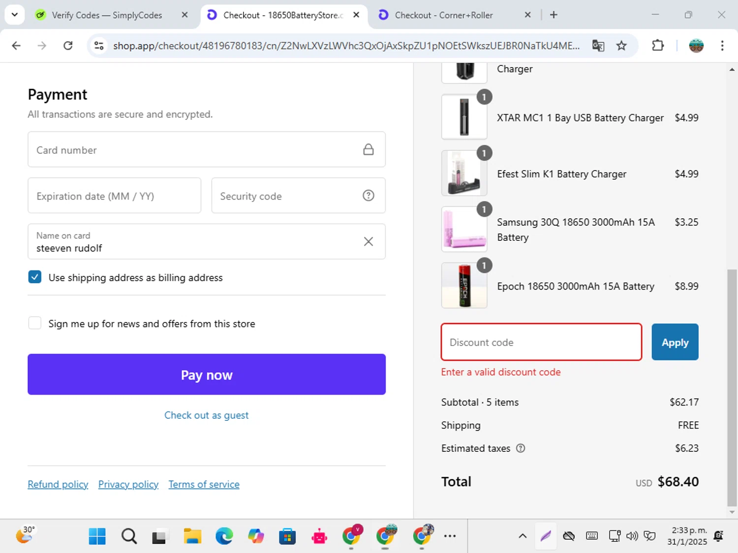 18650 Battery Store discount code screenshot showing code SPRING2024PROMOTION applied at 18650 Battery Store checkout page. Uploaded by SimplyCodes community member karolg on Jan 31, 2025