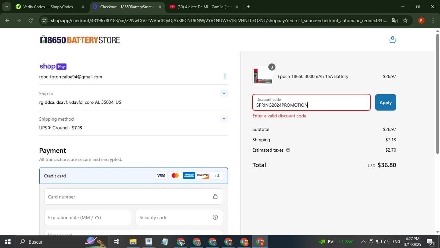 18650 Battery Store discount code screenshot showing code SPRING2024PROMOTION applied at 18650 Battery Store checkout page. Uploaded by SimplyCodes community member robertotorrealba on Mar 14, 2025