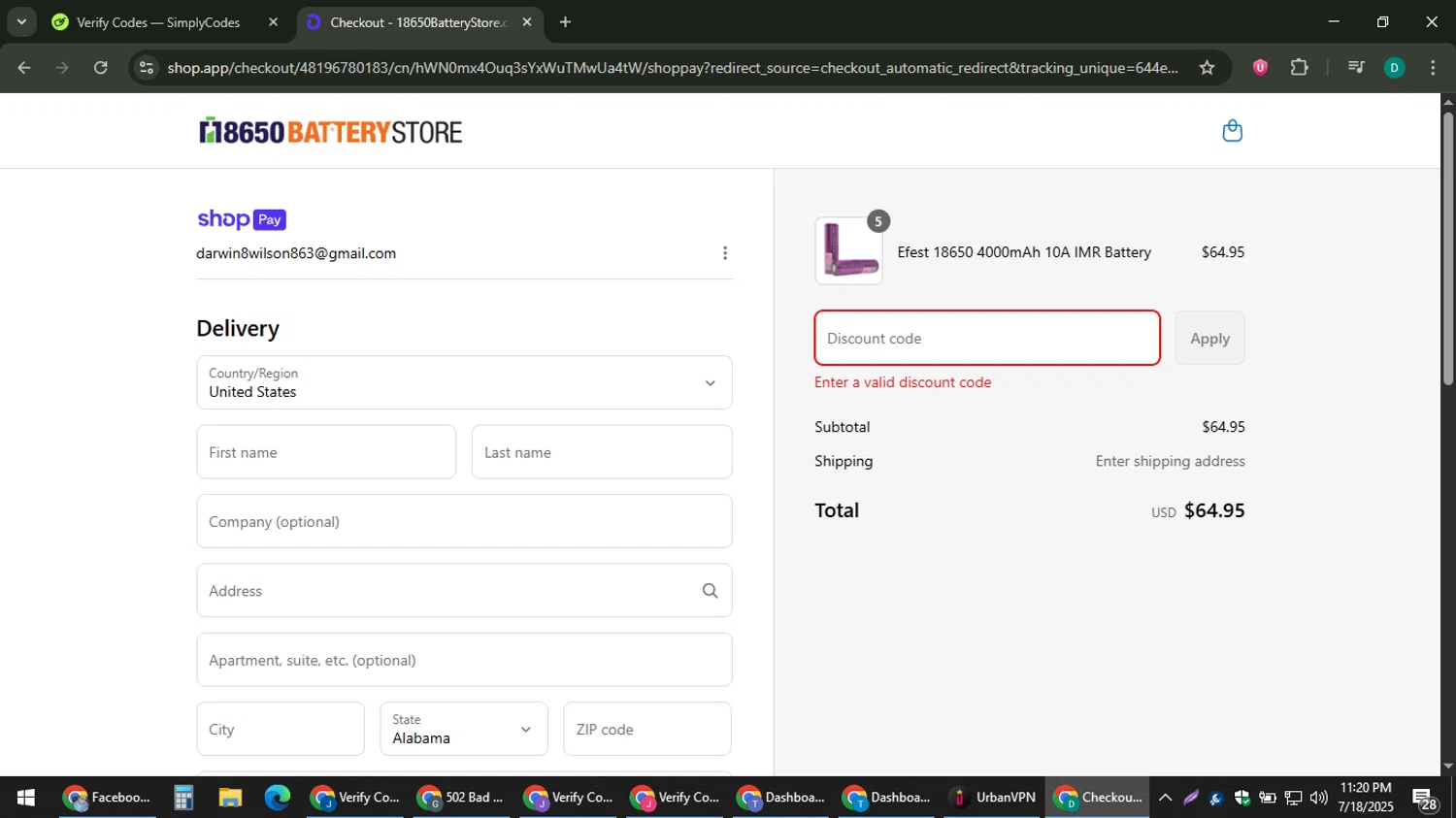 18650 Battery Store discount code screenshot showing code MEMORIAL2025 applied at 18650 Battery Store checkout page. Uploaded by SimplyCodes community member ThriftyLion6776 on Jul 19, 2025