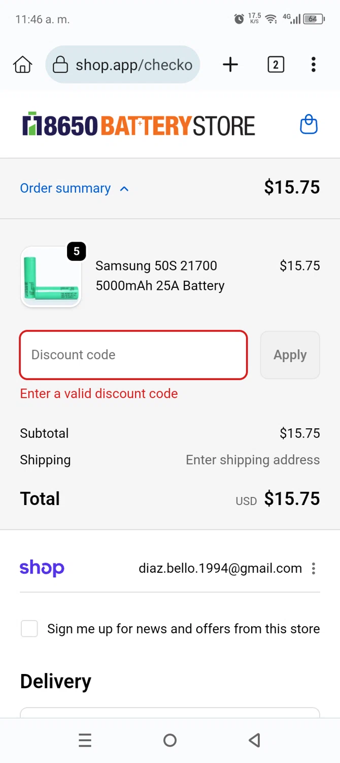 18650 Battery Store discount code screenshot showing code BF2025 applied at 18650 Battery Store checkout page. Uploaded by SimplyCodes community member Anthony_Diaz on Dec 3, 2025