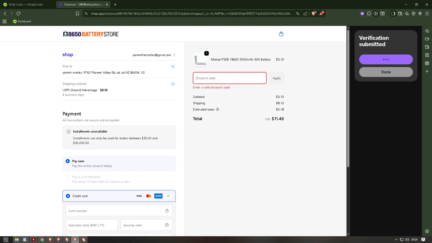 18650 Battery Store discount code screenshot showing code BF2025 applied at 18650 Battery Store checkout page. Uploaded by SimplyCodes community member SmartWhiz6845 on Nov 30, 2025