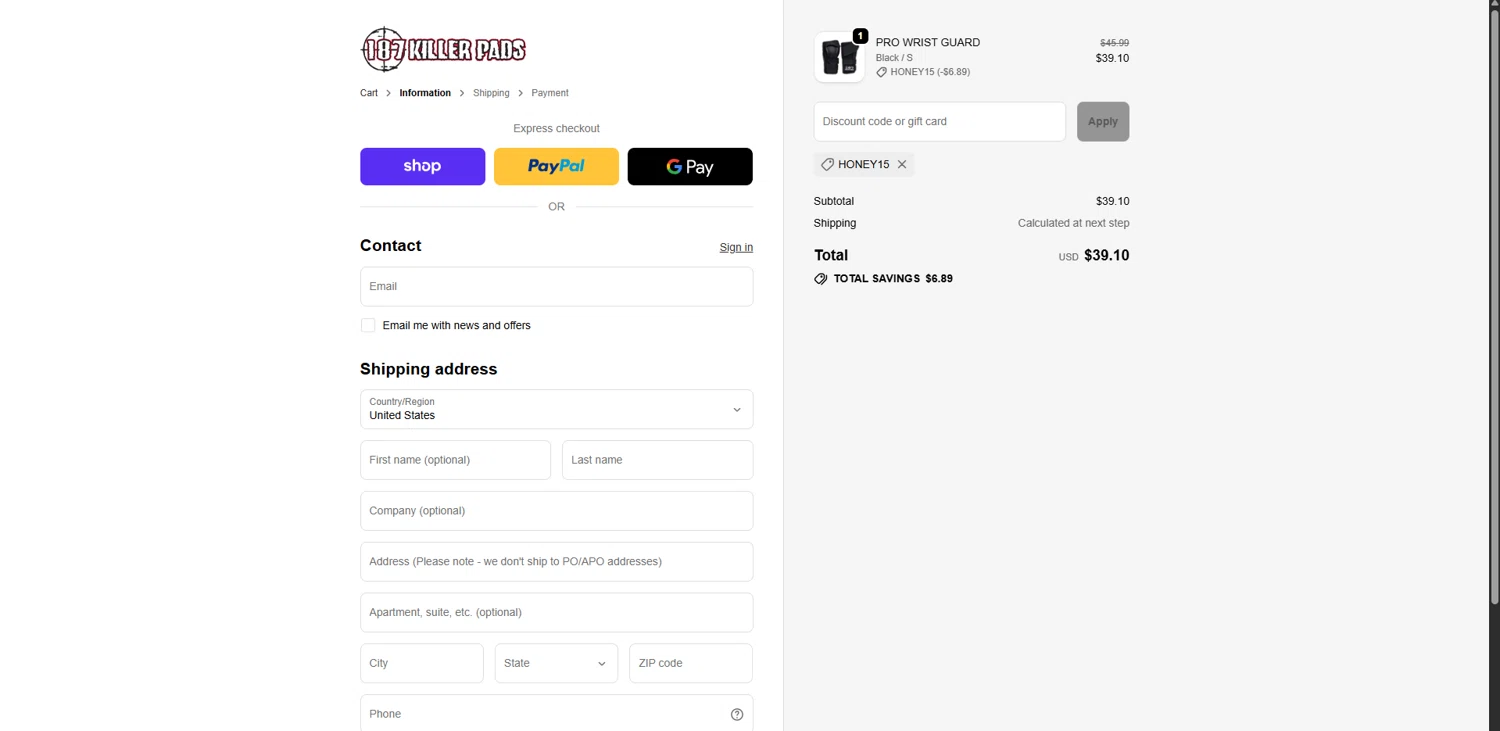 187 Killer Pads discount code screenshot showing code HONEY15 applied at 187 Killer Pads checkout page. Uploaded by SimplyCodes community member WiseSage2777 on Dec 2, 2025