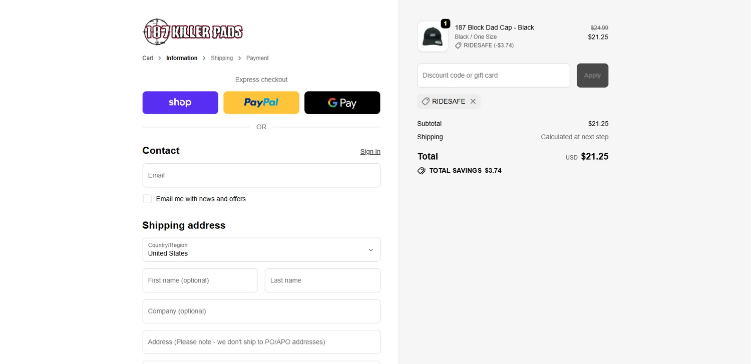 187 Killer Pads discount code screenshot showing code RIDESAFE applied at 187 Killer Pads checkout page. Uploaded by SimplyCodes community member kalltrom21 on Oct 1, 2025