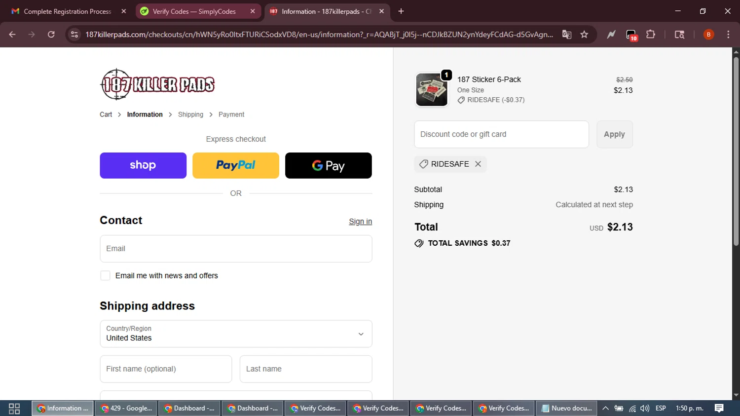 187 Killer Pads discount code screenshot showing code RIDESAFE applied at 187 Killer Pads checkout page. Uploaded by SimplyCodes community member DiscountExpert6435 on Dec 2, 2025