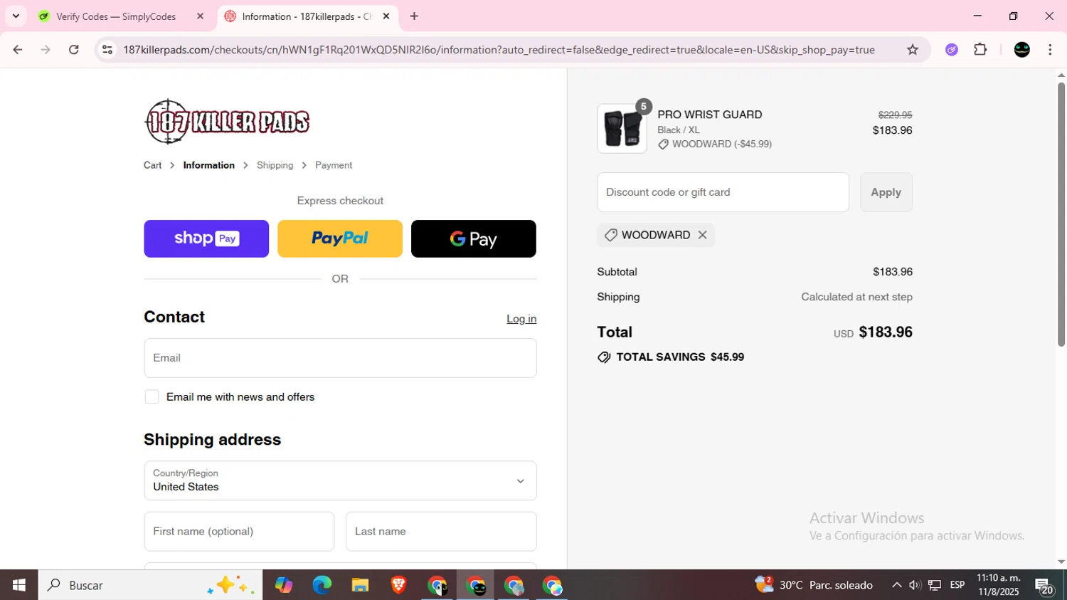 187 Killer Pads discount code screenshot showing code WOODWARD applied at 187 Killer Pads checkout page. Uploaded by SimplyCodes community member BargainWizard5755 on Aug 11, 2025