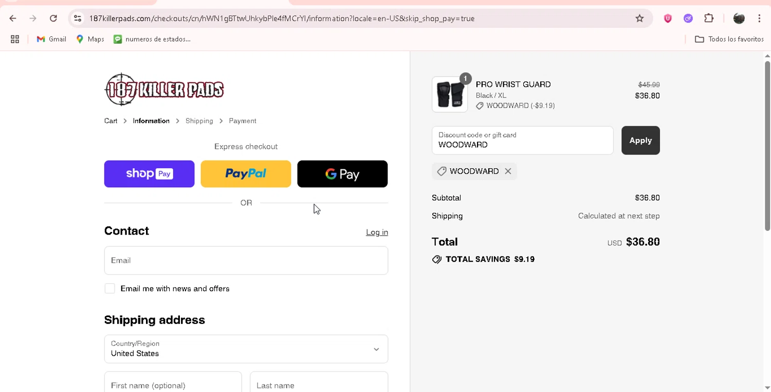187 Killer Pads discount code screenshot showing code WOODWARD applied at 187 Killer Pads checkout page. Uploaded by SimplyCodes community member adrianvasquez1 on Aug 11, 2025