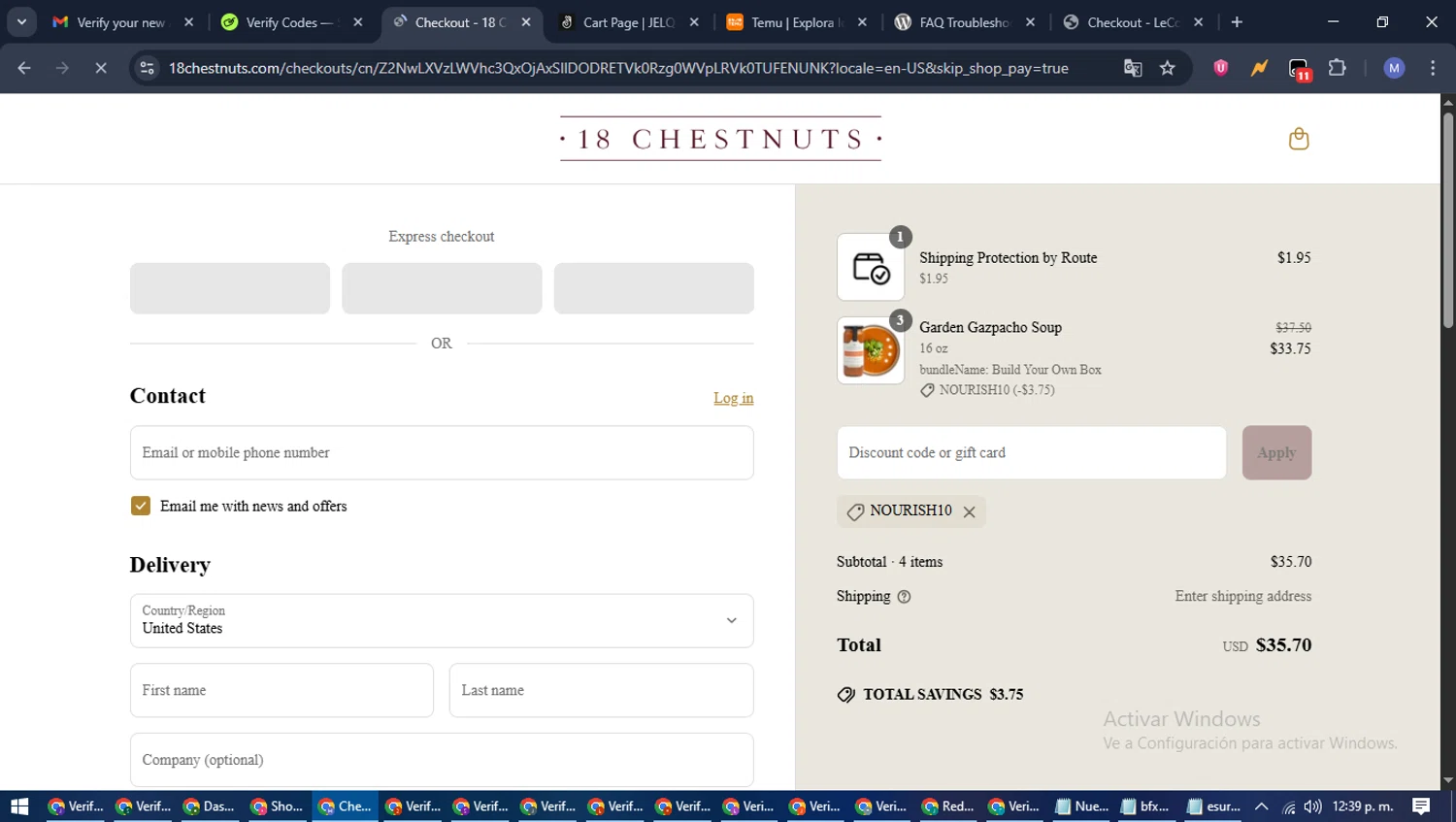 18 Chestnuts coupon code screenshot showing code NOURISH10 applied at 18 Chestnuts checkout page. Uploaded by SimplyCodes community member PrimeFox5260 on Jun 22, 2025