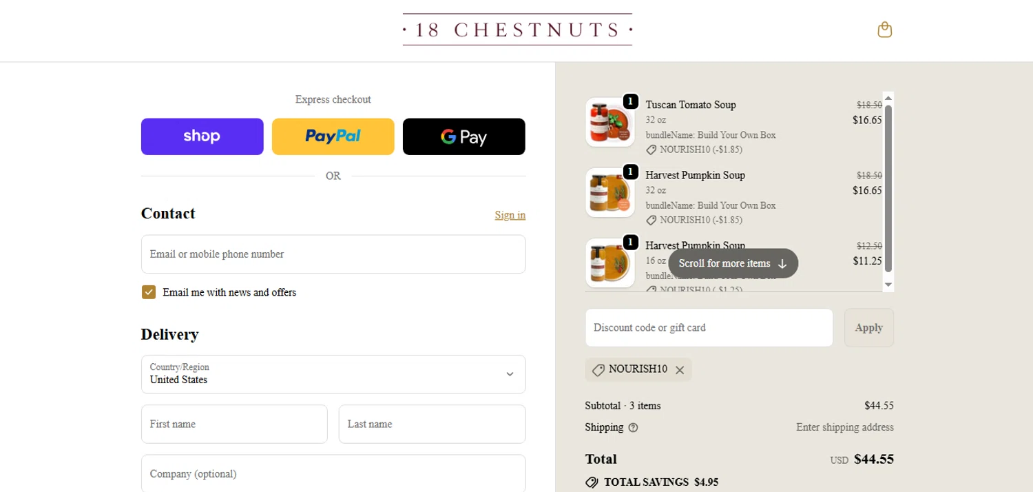 18 Chestnuts coupon code screenshot showing code NOURISH10 applied at 18 Chestnuts checkout page. Uploaded by SimplyCodes community member xHRxUltrax on Oct 15, 2025