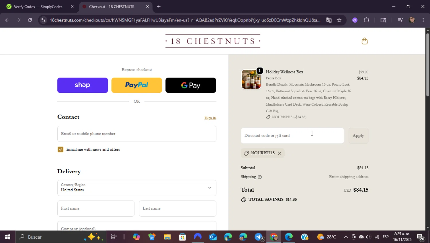 18 Chestnuts coupon code screenshot showing code NOURISH15 applied at 18 Chestnuts checkout page. Uploaded by SimplyCodes community member ShieldEagle9436 on Nov 16, 2025