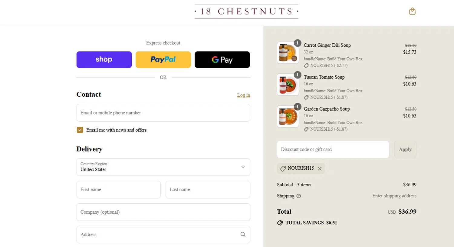 18 Chestnuts coupon code screenshot showing code NOURISH15 applied at 18 Chestnuts checkout page. Uploaded by SimplyCodes community member ashe1986 on Sep 2, 2025