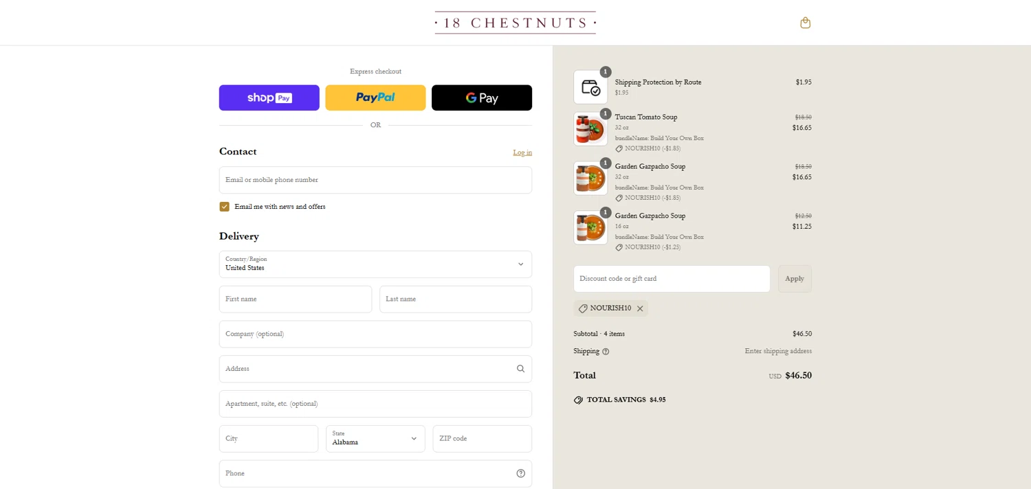 18 Chestnuts coupon code screenshot showing code NOURISH10 applied at 18 Chestnuts checkout page. Uploaded by SimplyCodes community member ivantorres on Jun 12, 2025