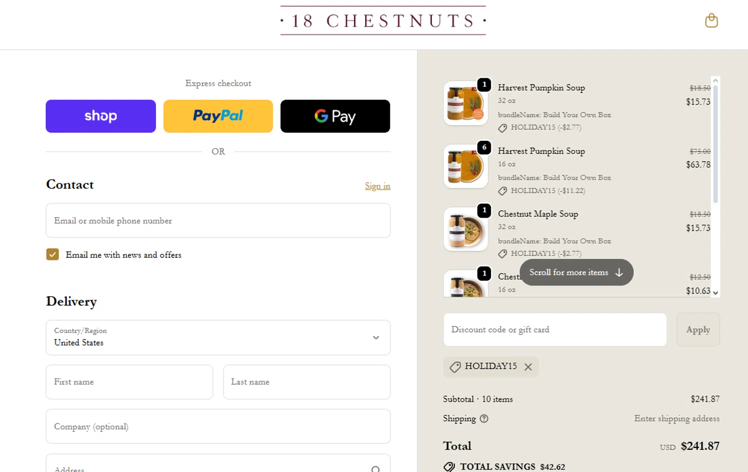 18 Chestnuts coupon code screenshot showing code HOLIDAY15 applied at 18 Chestnuts checkout page. Uploaded by SimplyCodes community member jesspea on Dec 7, 2025