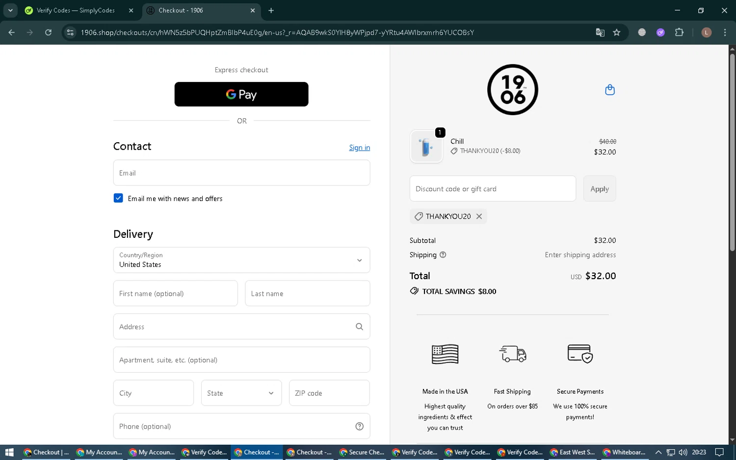 1906 discount code screenshot showing code THANKYOU20 applied at 1906 checkout page. Uploaded by SimplyCodes community member BrilliantTiger9986 on Dec 3, 2025