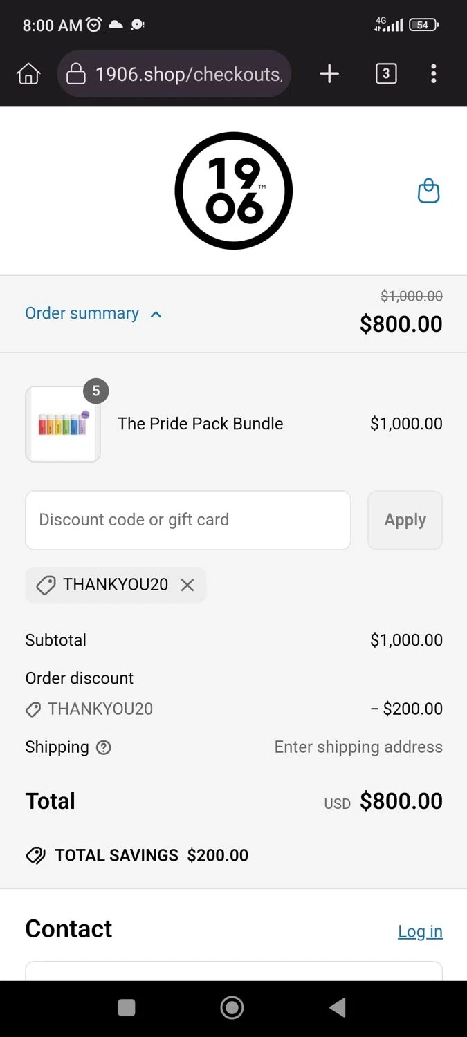 1906 discount code screenshot showing code THANKYOU20 applied at 1906 checkout page. Uploaded by SimplyCodes community member CrownLion2750 on Jun 24, 2025